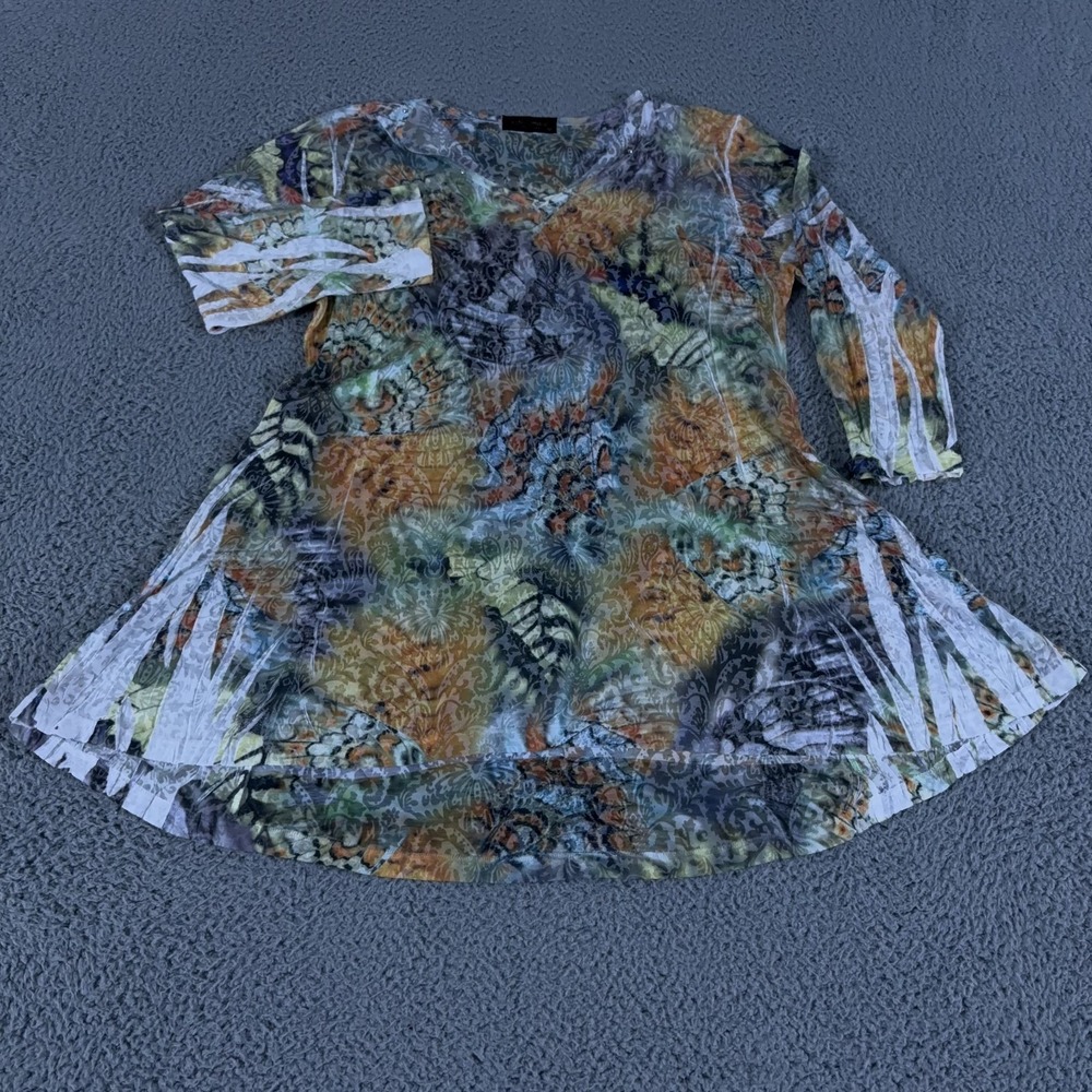 Katina Marie Top Womens Medium‎ Floral Tunic Semi Sheer V-Neck Fairy Lagenlook